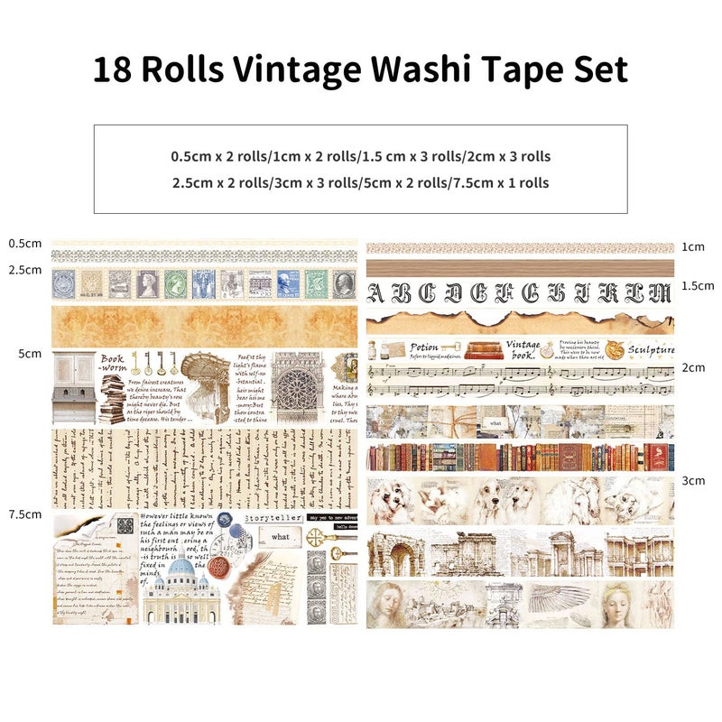 emmoolife 18 Rolls Vintage Washi Tape Set, Castle Stamp Music Retro Masking Tape 5/10/15/20/25/30/50/75mm Wide 6.56ft Long Decorative Scrapbook Tape for journaling, Scrapbooking Supplies, Junk Journal Craft - Image 2